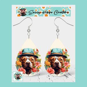 Earrings Pit Bull Dog Puppy in Hat Anthropomorphic Flowers Hook Backs